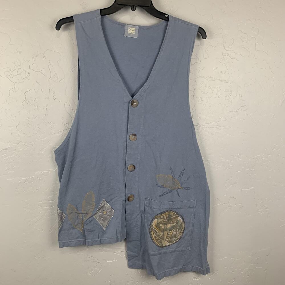 Vtg Blue Fish Vest Womens XL Blue Organic Cotton Art Print 1999 Boho